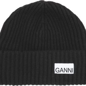 Ganni Damen-Mütze – strukturiert, Ripp, Schwarz