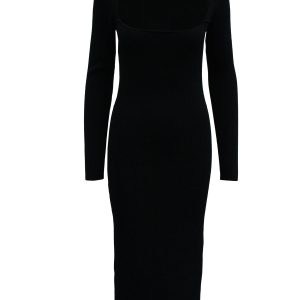Maje Kleid – eckiger Ausschnitt, gerippt, gestrickt, Midi, Schwarz, Viskose, 7833162776636