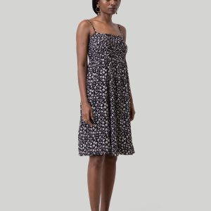 Kleid – gerafft, mit Trägern, Mini, Schwarz, Blumenmuster