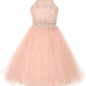 Mädchen (größere Größen) – Altrosa – mit Strass – Neckholder – mit Spitze – Tüll – Junior – Brautjungfernkleid – 8-20