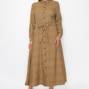 Hemdkleid – Camel, Karomuster, Gürtel, 7832935858236