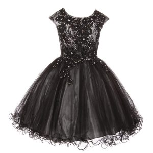 Mädchen (kleine Größen) – Silber – Schwarz – mit Strass – mit Stickerei – mit Spitze – Blumenmädchenkleid – 4-6