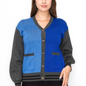 Strickjacke – Blau, Grau, Colorblock, 7833664389180