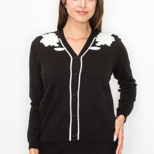 Strickjacke – Schwarz, Weiß, Blumenmuster, mit Stickerei, 7832927404092