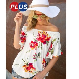 Top – schulterfrei, Blumenmuster, bedruckt, Rüschen, Weiß