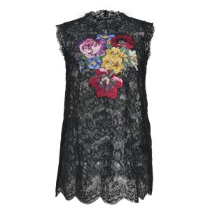 Dolce & Gabbana Bluse – ärmellos, mit Spitze, Blumenmuster, mit Stickerei, Schwarz, Baumwolle, 7766479634492