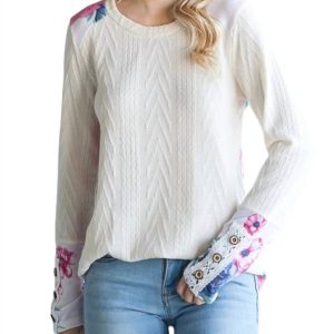 Top – Zopfstrick, Knopf, Langarm, Weiß, 7764910309436