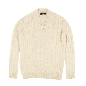 Pullover – Sahne, V-Ausschnitt, gestrickt, Pullover