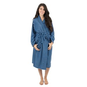 Damen-Bademantel – Fleece, Blau, Marineblau, Streifenmuster