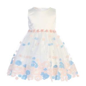 Mädchen (kleine Größen) – Elfenbein – Blau – Satin – Tüll – Blumenmädchenkleid – 2 – 4T