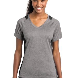 Sport-Tek Damen-T-Shirt – meliert, Colorblock, Contender, V-Ausschnitt, LST361