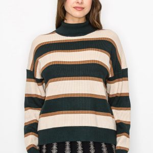 Pullover – Waldgrün, Streifenmuster, Rollkragen, 7832923177020