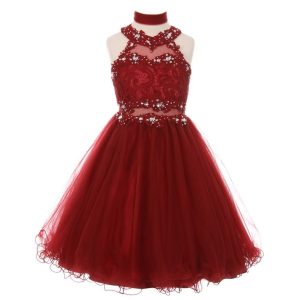 Mädchen (größere Größen) – Bordeauxrot – mit Strass – Neckholder – mit Spitze – Junior – Brautjungfernkleid – 8-20
