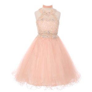 Mädchen (kleine Größen) – Altrosa – mit Strass – Neckholder – mit Spitze – Tüll – Blumenmädchenkleid – 4-6
